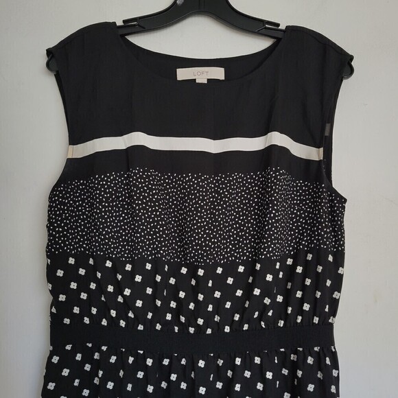 Loft Black White Polka Dot Floral Stripe Sleeveless Sheath Dress Size Medium - Picture 4 of 12